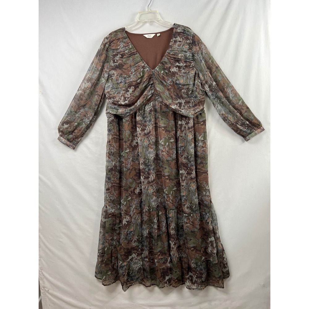 Me by Jennie Garth Maxi Dress Womens 2XP Brown Green Floral Boho Tiered V-Neck